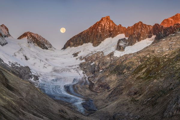 Glacier Panorama with Alpenglow and Full Moon