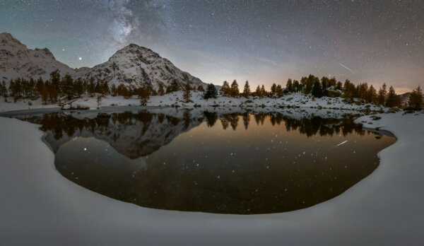 Milky Way and Shooting Star Reflected in Snowy Lake